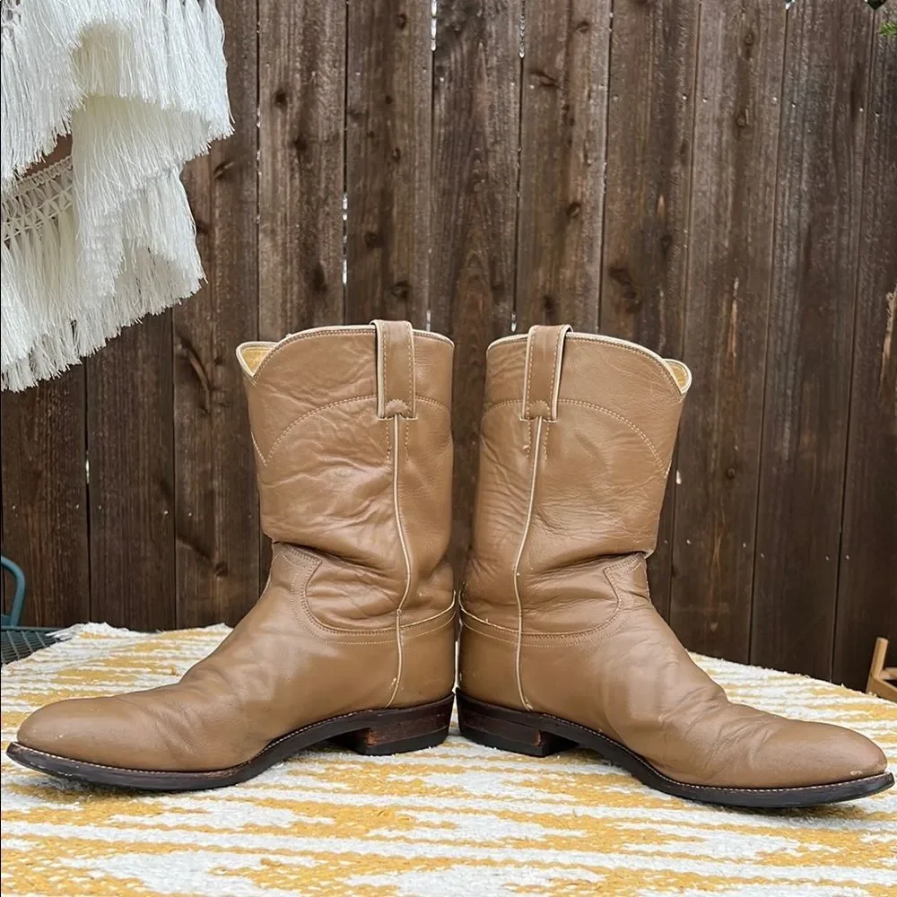 Justin Ropers Classic Tan Leather Cowboy Boots Goodyear Oil Resistant Sole Work - Picture 12 of 16